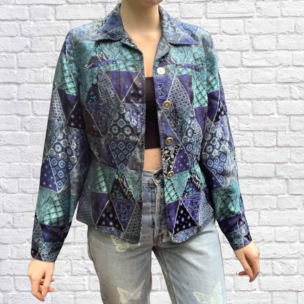 Coldwater Creek satin blue patchwork blazer XS